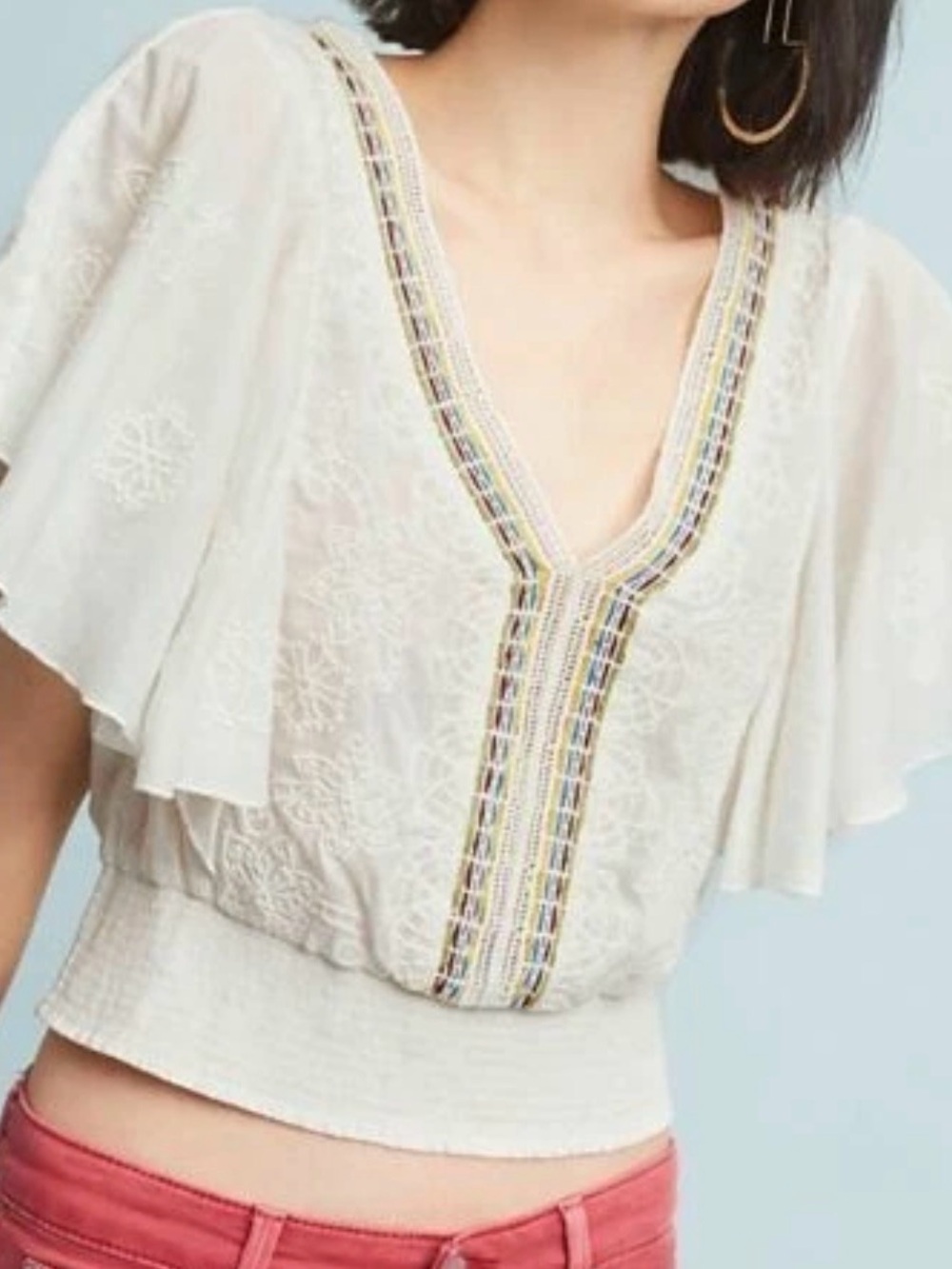 Anthropologie Aviana Embroidered Top by Floreat White Flutter Sleeve Crop XS